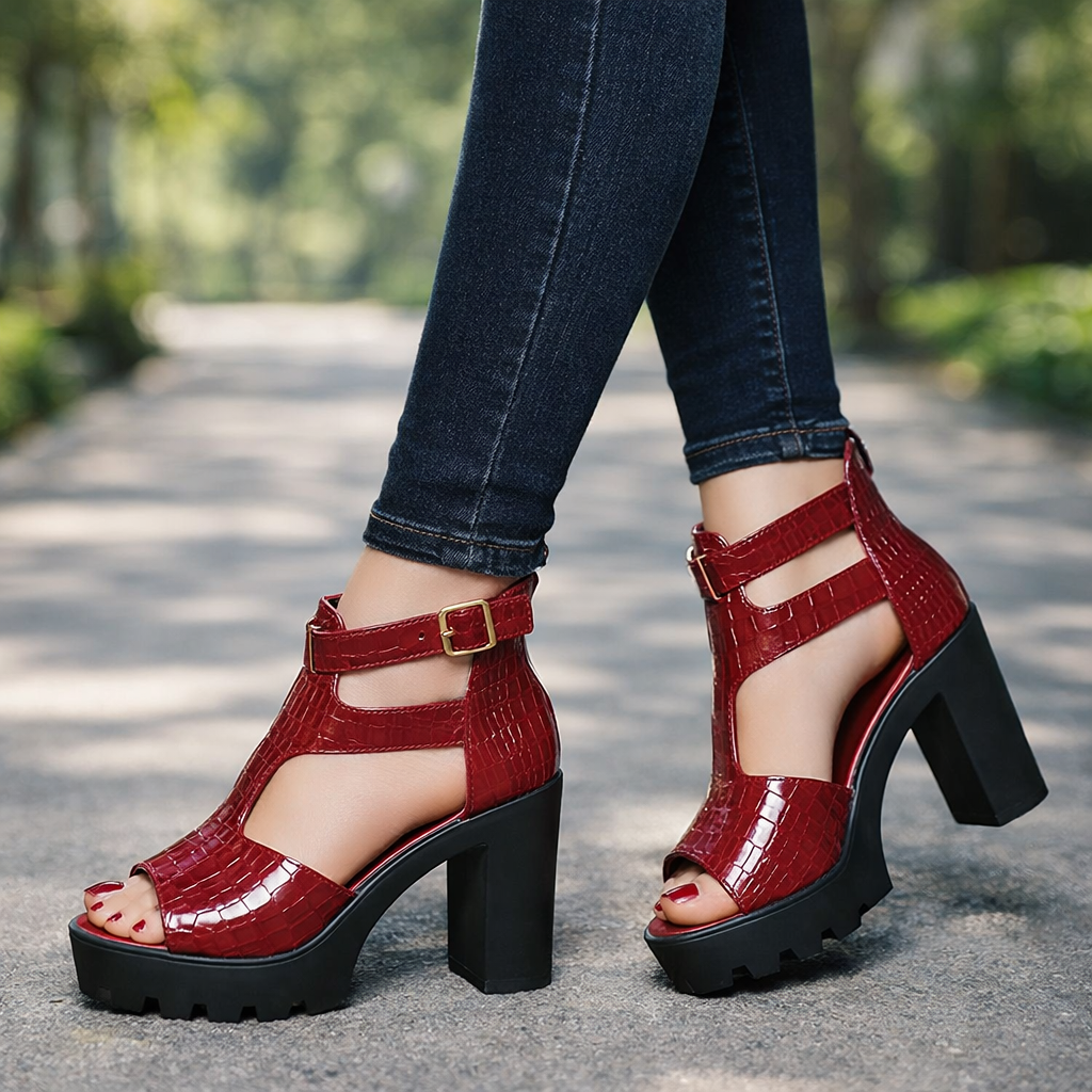 Women's Serina croc platform heels with open toe & cutout design. High fashion block heel for formal & party wear.