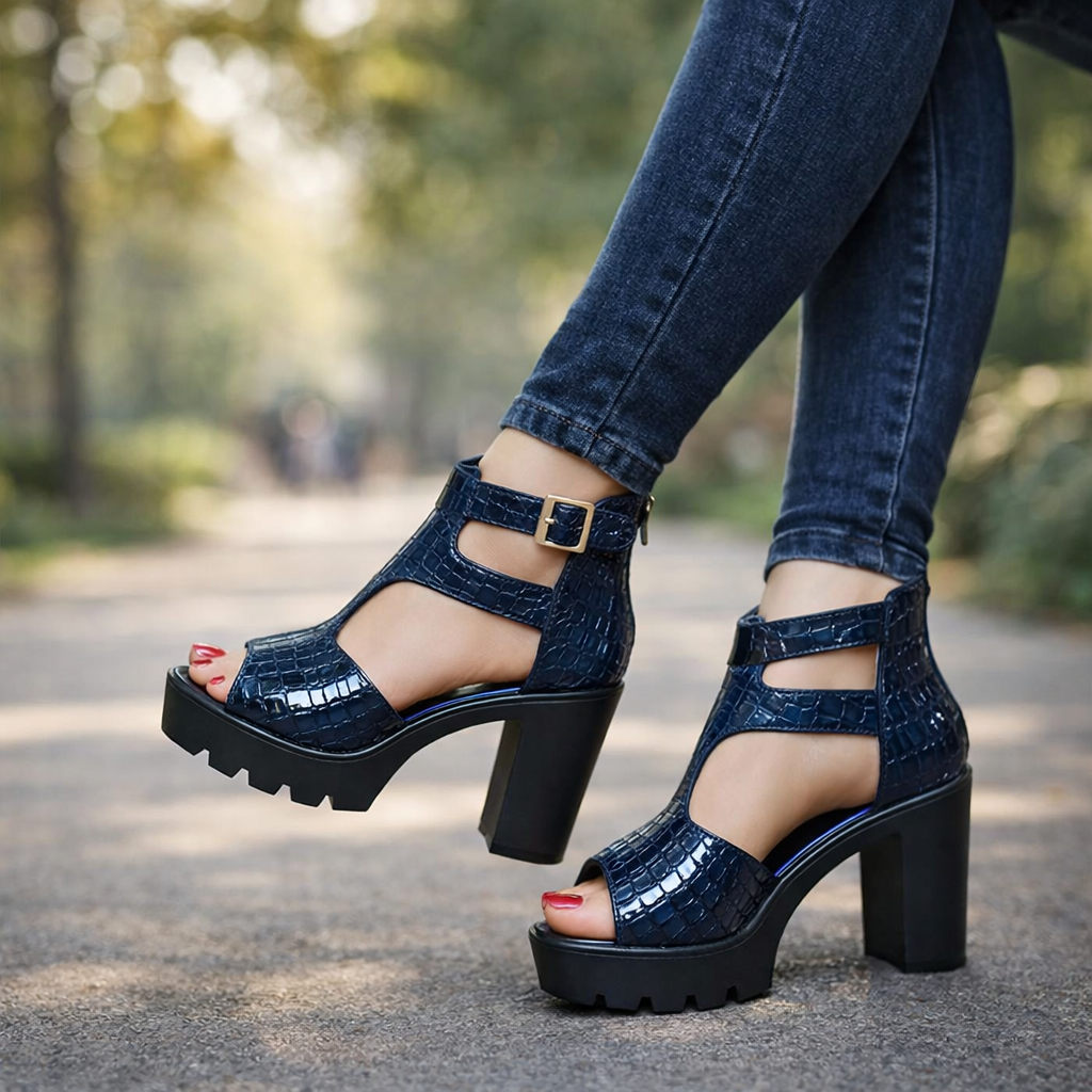 Elegant women's croc platform high heels with modern cutout design. Perfect statement shoes for evening & parties.