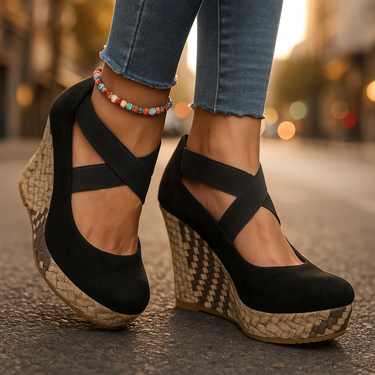 Women's Serova Cross Wedges in black for all-day comfort, orthopedic support & style.