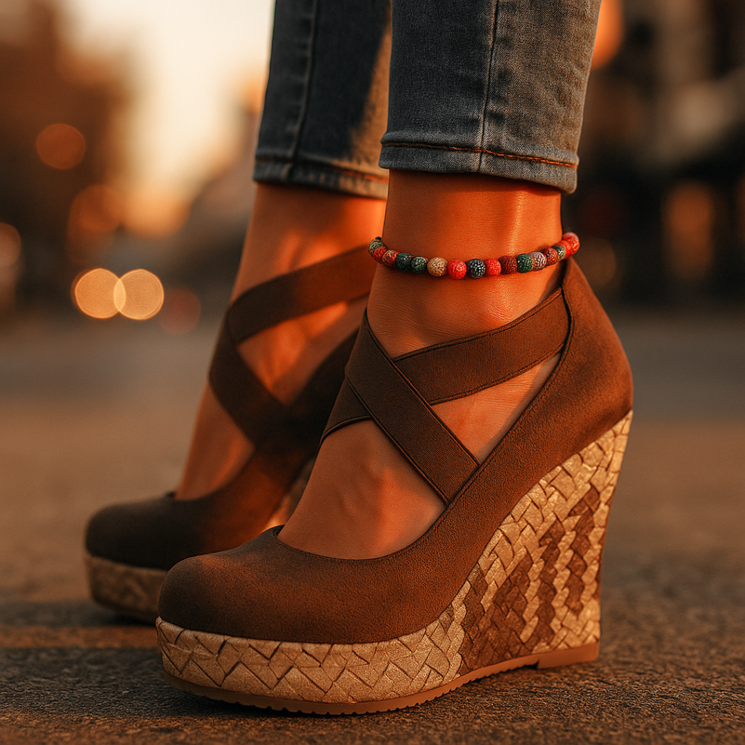 Comfortable brown Serova Cross Wedges for women, featuring orthopedic support & shock absorption.