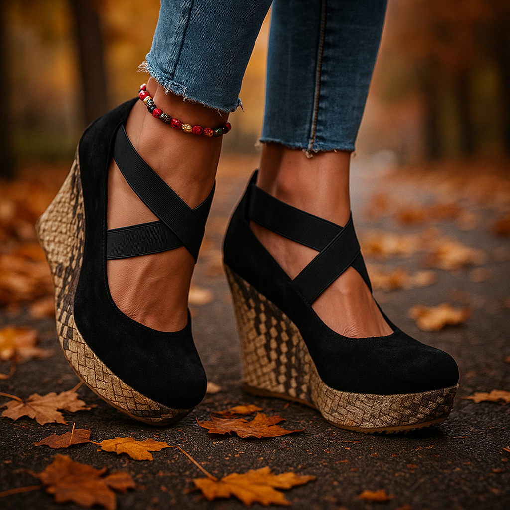 Stylish women's black cross strap wedges with Serova comfort technology & fashion-forward design.