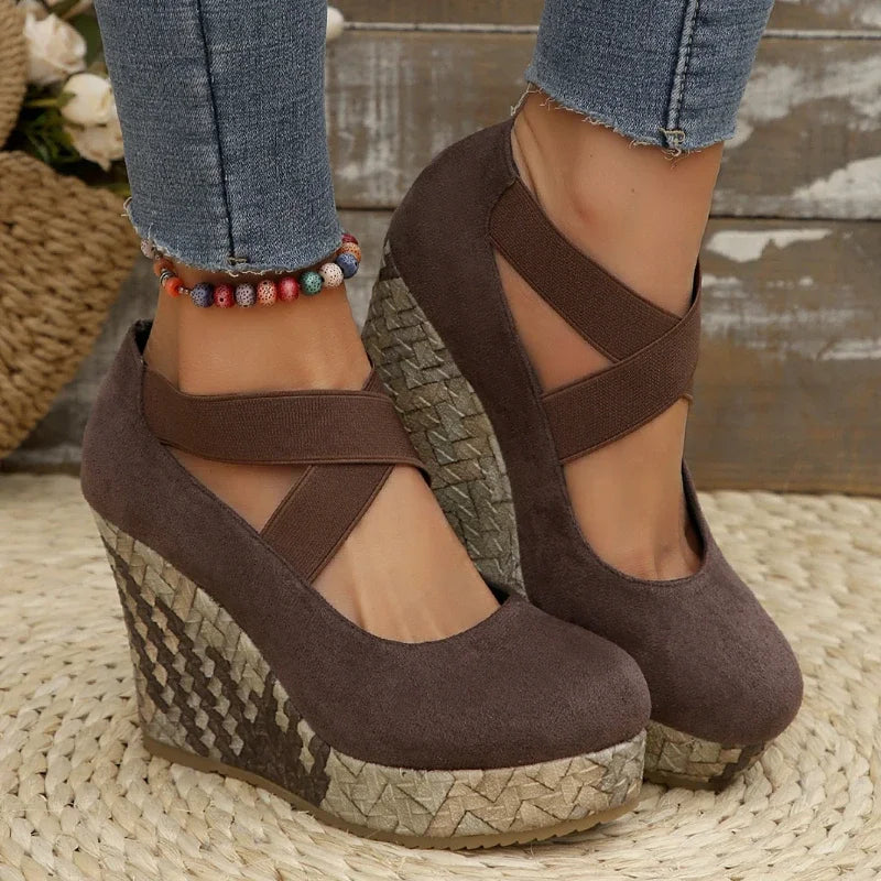 Brown Serova Cross Wedges for women, perfect casual summer shoes with shock-absorbing soles.