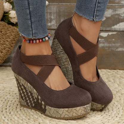 Brown Serova Cross Wedges for women, perfect casual summer shoes with shock-absorbing soles.