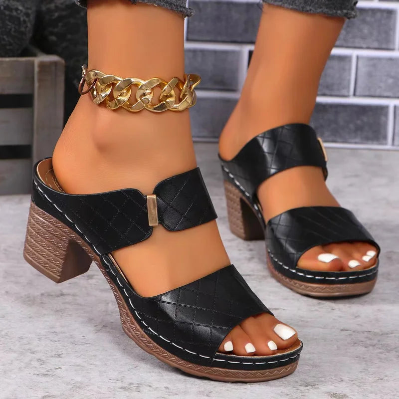 Comfortable slip-on Shara block heel sandals for women, stylish leather for versatile everyday fashion.