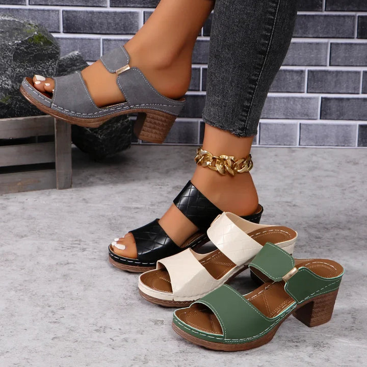 Versatile women's Shara leather block heel sandals, comfortable and stylish for any outfit.