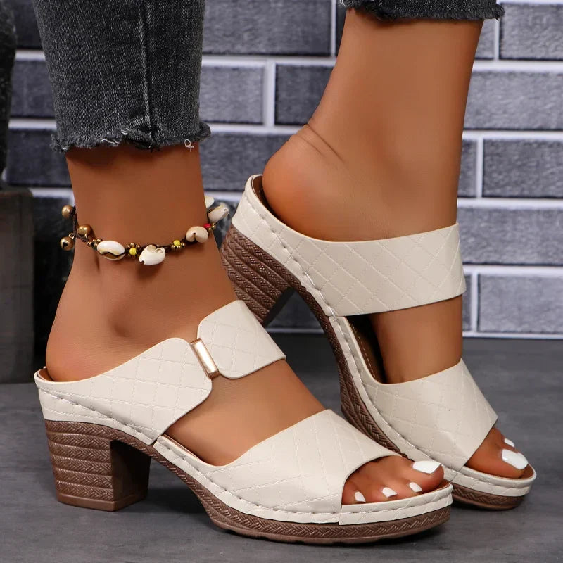Fashionable women's Shara block heel sandals, comfortable leather shoes for elegant summer style.