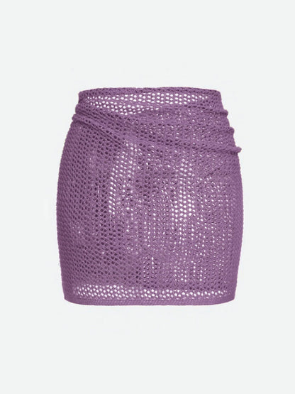 Women's sheer knit wrap skirt, adjustable cover-up with high slit, ideal for beach & resort wear.