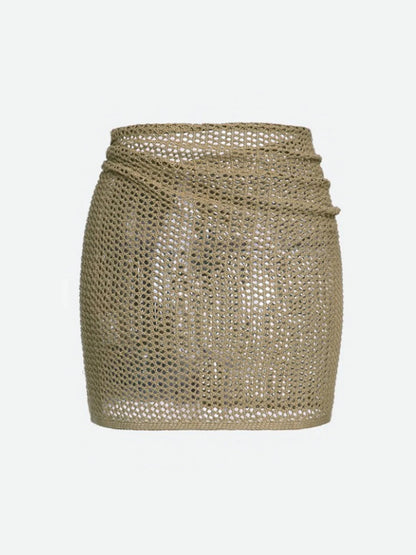 Adjustable women's sheer knit wrap skirt with high slit, perfect beachwear & summer fashion.