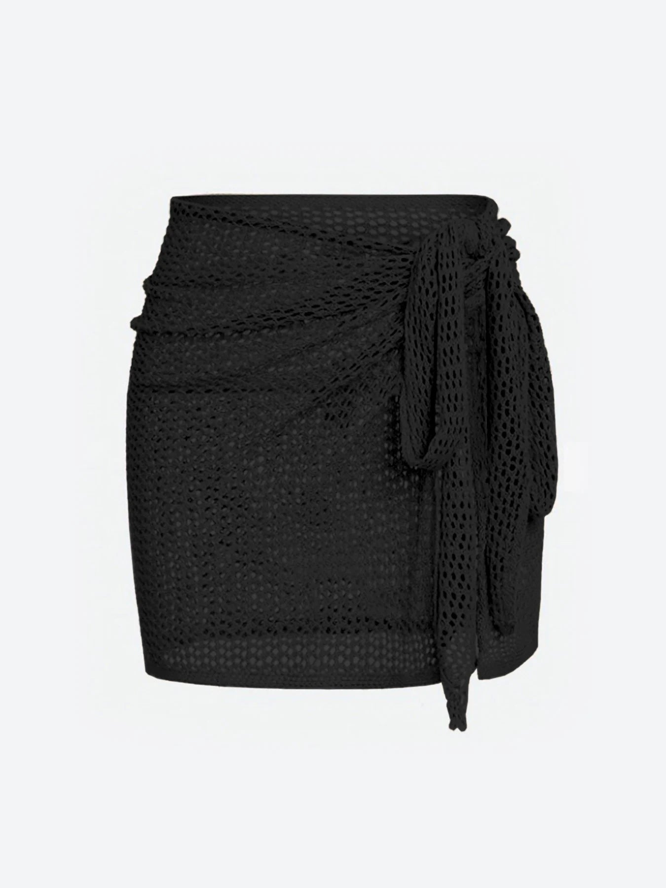 Women's sheer knit beach cover-up skirt, adjustable, high slit, for swimwear & summer vacation.