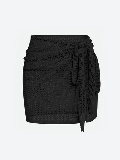 Women's sheer knit beach cover-up skirt, adjustable, high slit, for swimwear & summer vacation.