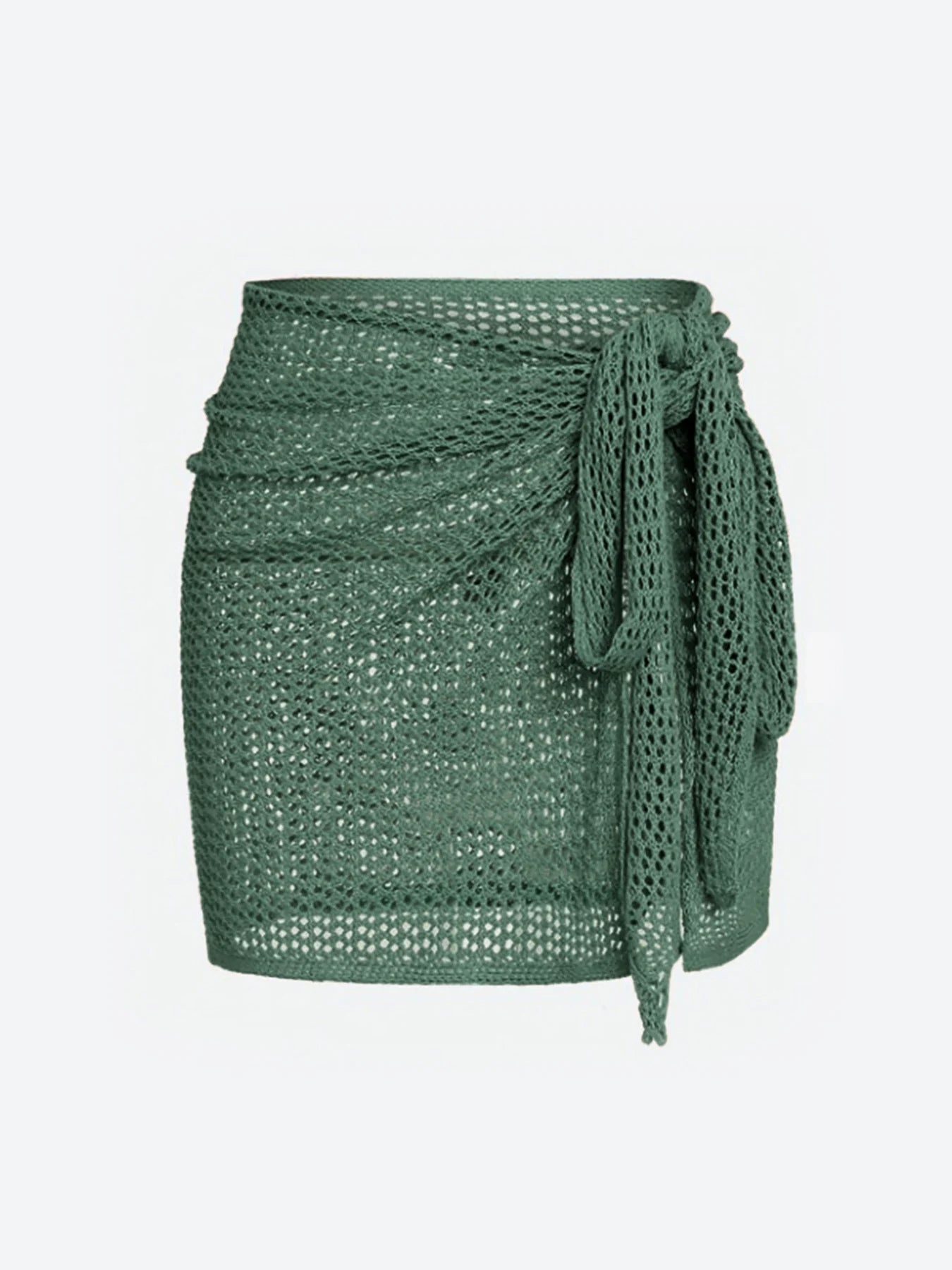 Elegant women's sheer knit beach cover-up skirt with high slit, adjustable for perfect summer style.