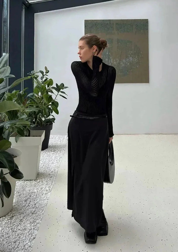 Versatile women's sheer ribbed long sleeve top, perfect for layering, a chic day to night fashion piece.