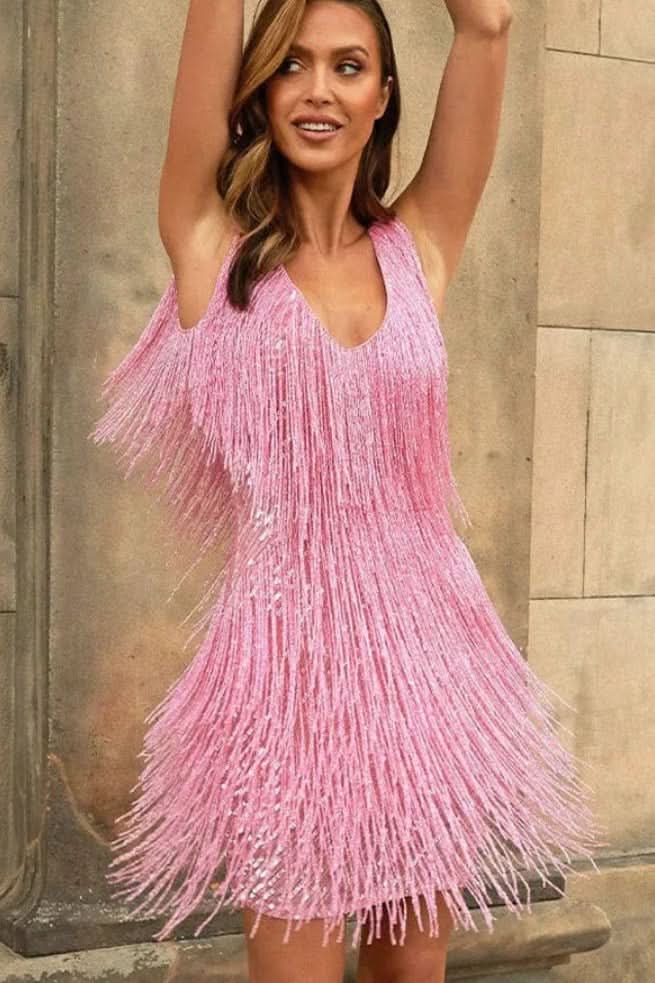 Sparkling A-line fringe cocktail dress for women. Shimmering sequin mini dress, ideal for evening events.