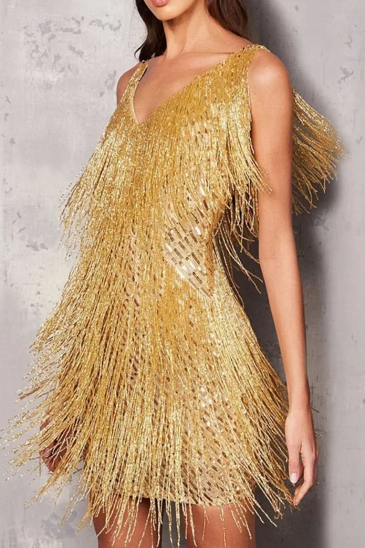 Shimmering women's A-line fringe mini dress. Glamorous sequin cocktail dress for a night out.