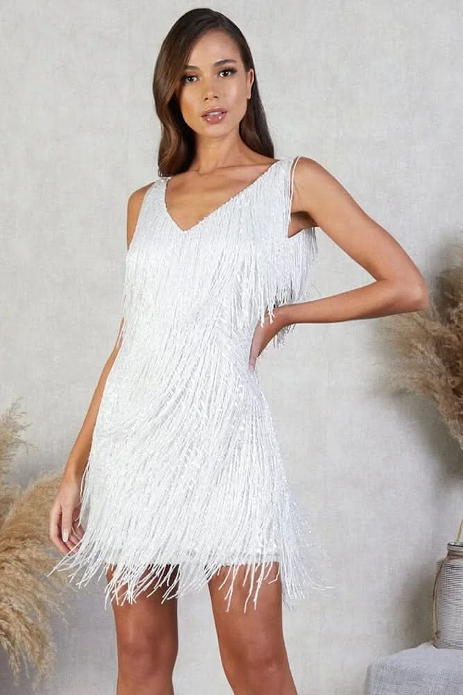 Women's stylish A-line fringe dress. Sparkling sequin party dress, great for special events & evenings.