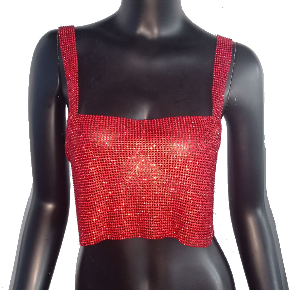 Fashionable women's short crop top, featuring sparkling bling for glamorous clubwear.