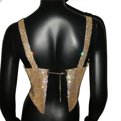 Eye-catching women's clubwear top, a shimmering bling crop top for dazzling party fashion.