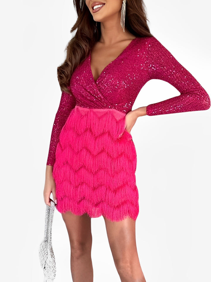 Women's glamorous party dress: shimmering wrap mini with elegant long sleeves and fringe.