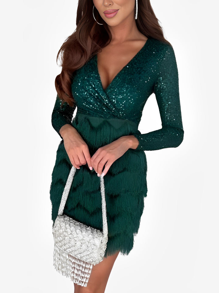 Statement wrap mini dress with glittery fringe, designed for dancing and evening events.