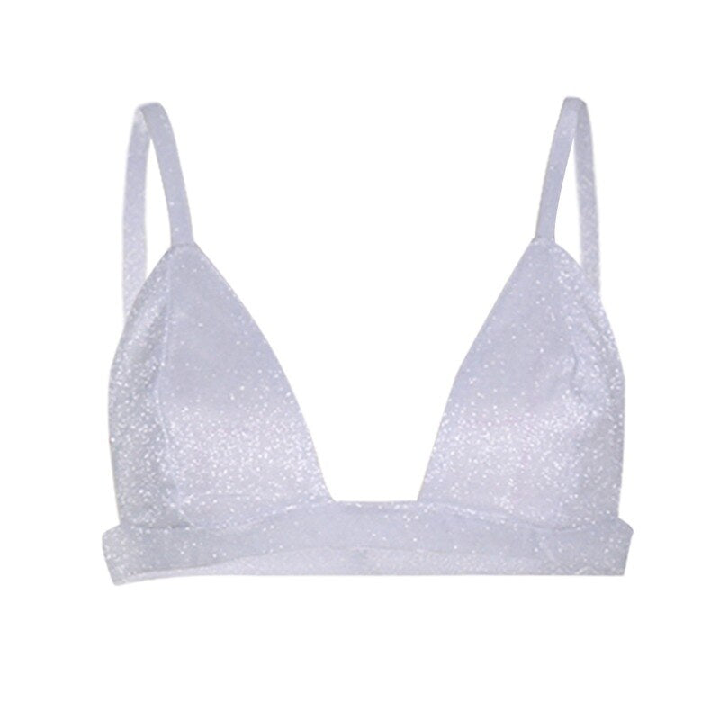 Women's shimmering glitter bra, perfect for dazzling style, evening wear & party outfits. Sparkling silver top.
