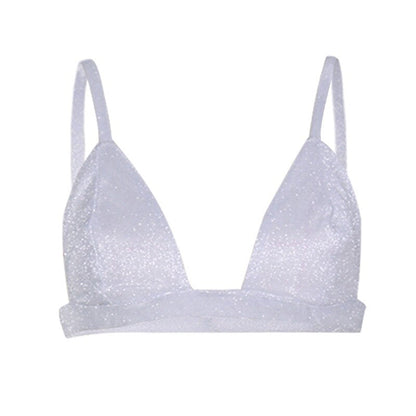 Women's shimmering glitter bra, perfect for dazzling style, evening wear & party outfits. Sparkling silver top.