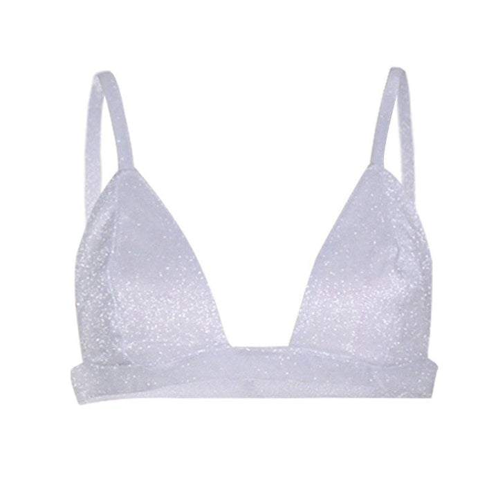 Women's shimmering glitter bra, perfect for dazzling style, evening wear & party outfits. Sparkling silver top.