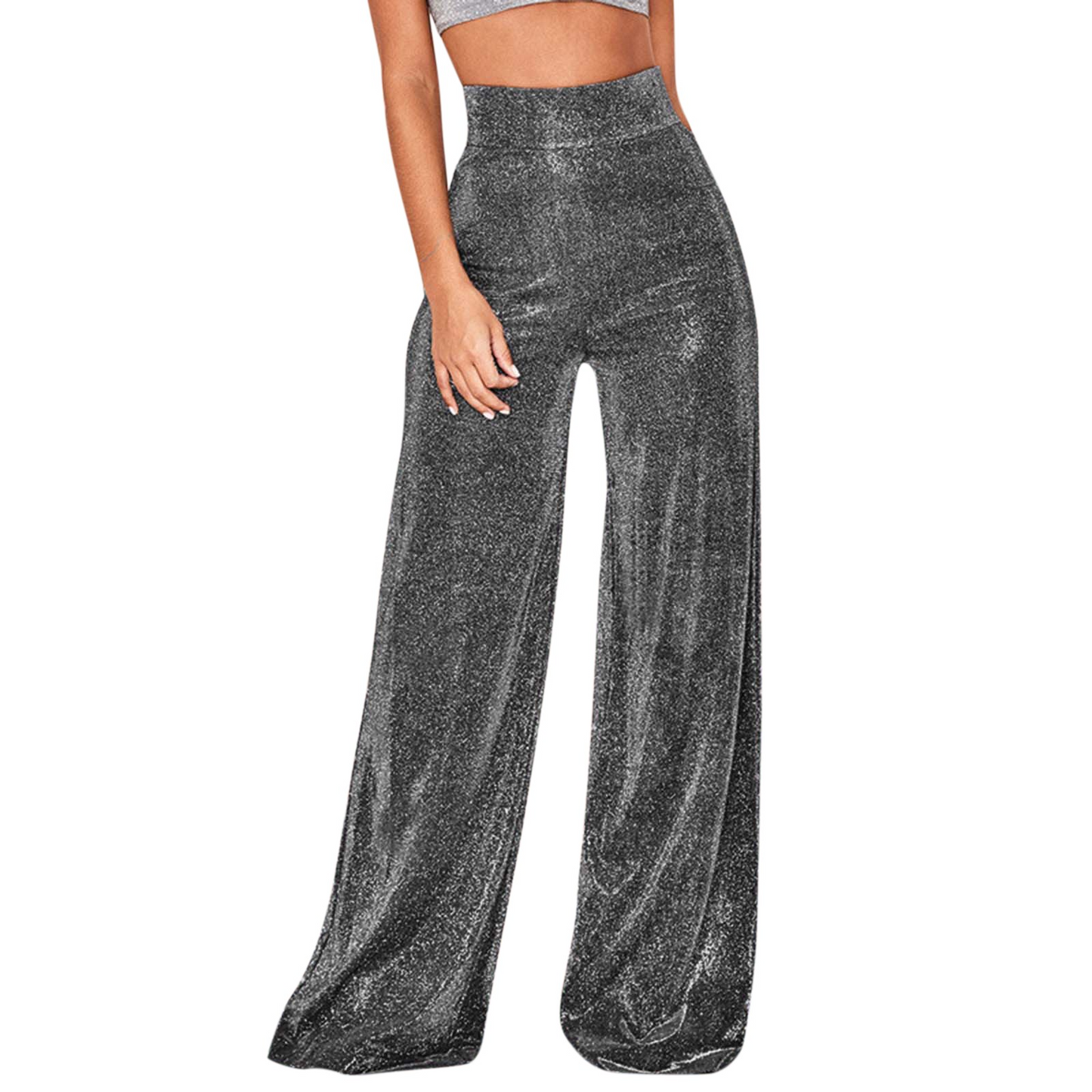 Fashionable women's wide leg glitter bottoms, excellent for party wear, creating a trendy & dazzling outfit.