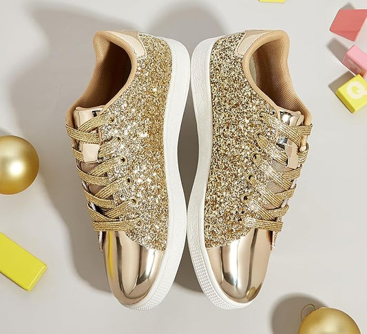 Women's shimmering lace-up fashion sneakers, perfect for trendy, casual footwear.