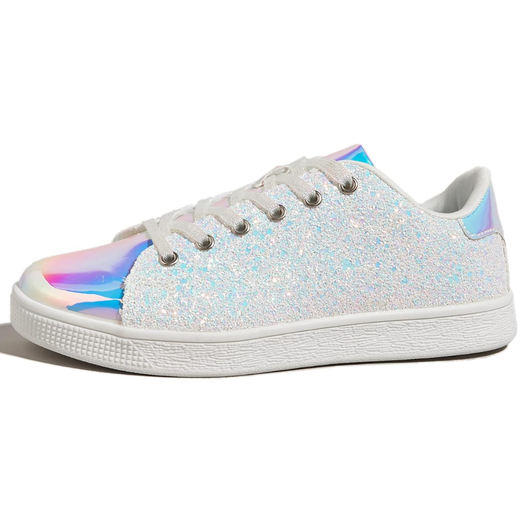 Full length view of women's shimmering lace-up sneakers, perfect for fashion.