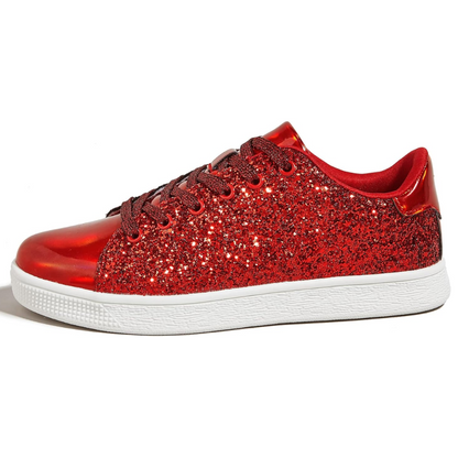 Women's footwear: shimmering lace-up sneakers, blending comfort with fashion-forward style.