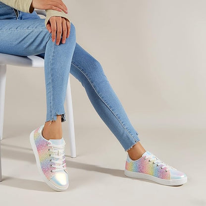 Side profile of women's sparkling fashion sneakers with comfortable lace-up design.