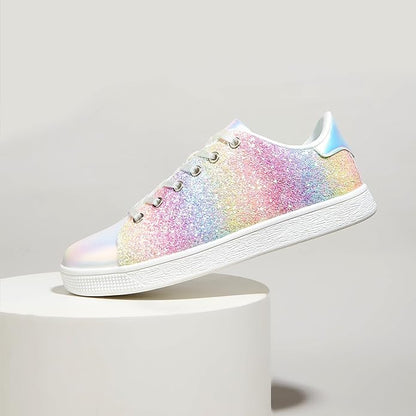 Close-up of shimmering material on women's stylish lace-up casual sneakers.