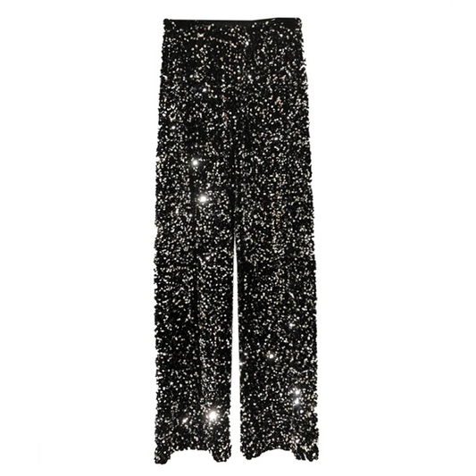 Women's shimmering party pants for a glamorous night out. Stylish and comfortable one-size disco pants.