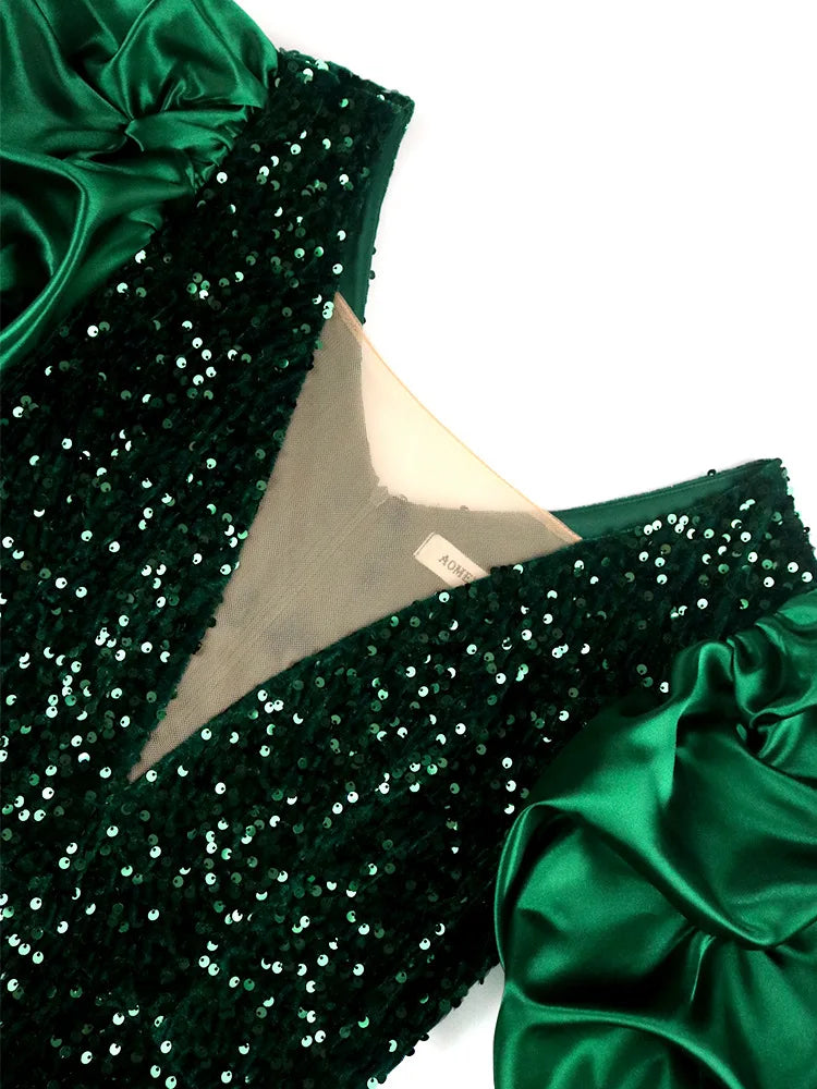 Festive glamour: Women's shimmering puff-sleeve plus-size dress, a stunning choice for special events.