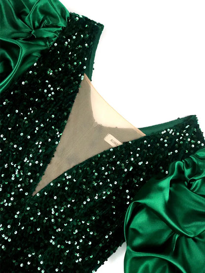 Festive glamour: Women's shimmering puff-sleeve plus-size dress, a stunning choice for special events.