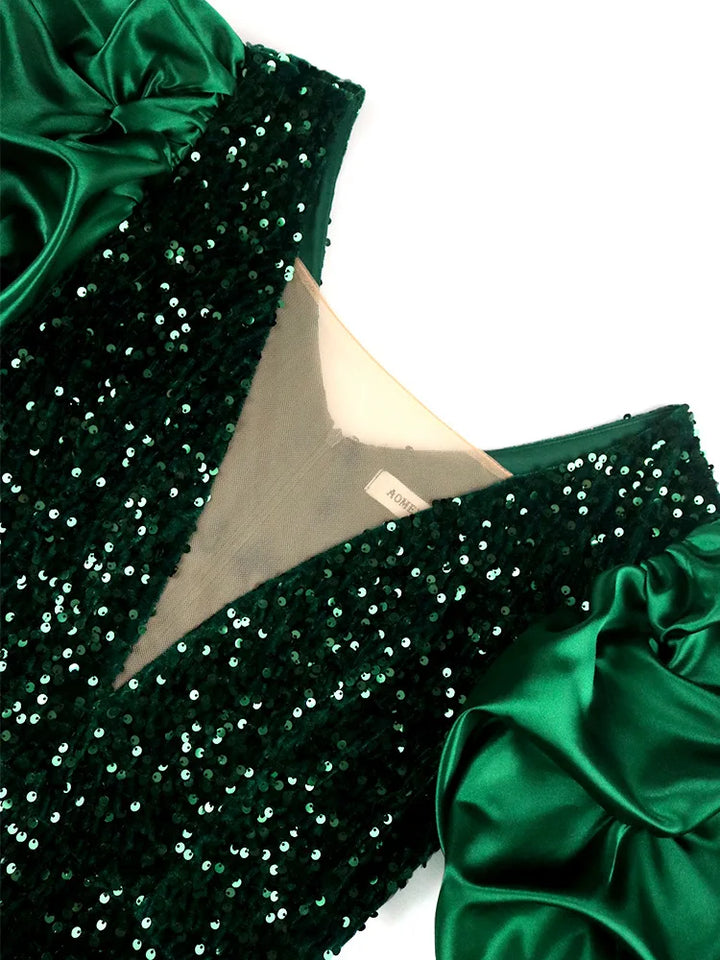 Festive glamour: Women's shimmering puff-sleeve plus-size dress, a stunning choice for special events.