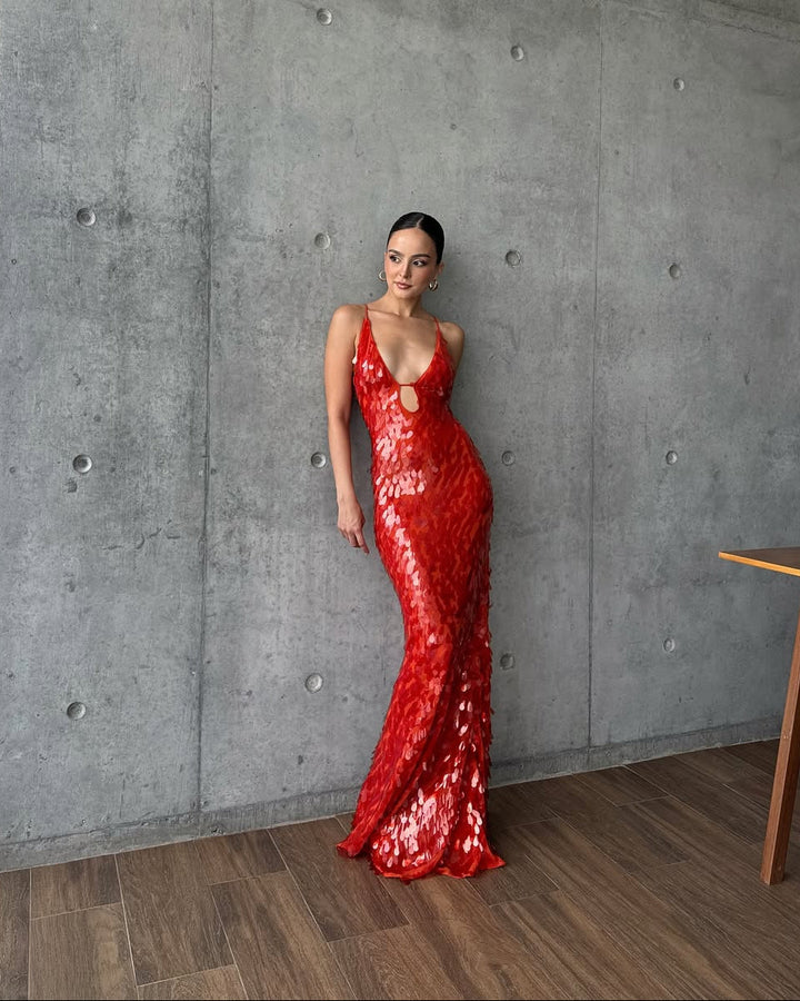 Stylish brown sequin plunge neck maxi dress for women. A sophisticated formal or homecoming dress option.