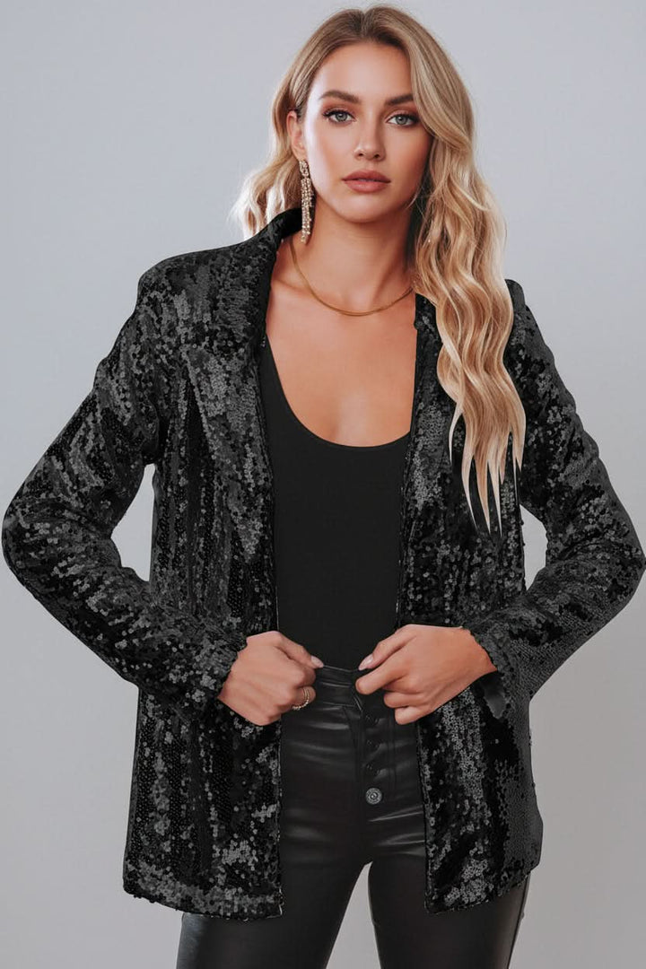 Women's sequin blazer in shimmering silver, ideal for glamorous evening events & party wear. Tailored fit.