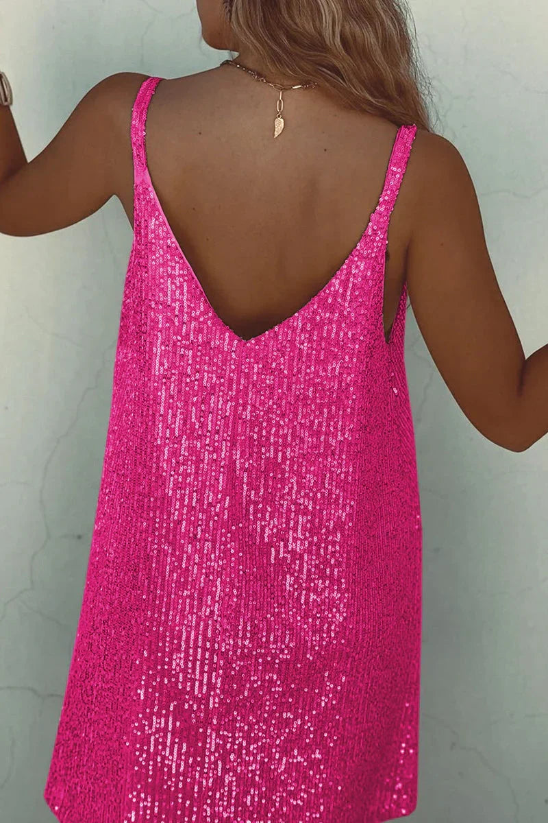 Women's sparkling V-neck sequin mini dress, perfect for dazzling at evening events.