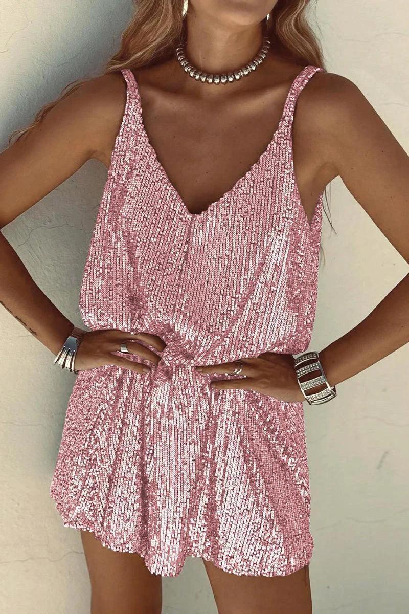 Elegant women's V-neck sequin mini dress, ideal for glamorous cocktail parties.