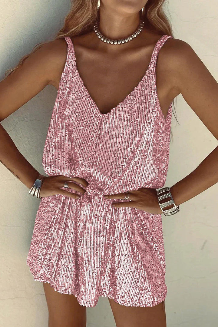 Elegant women's V-neck sequin mini dress, ideal for glamorous cocktail parties.