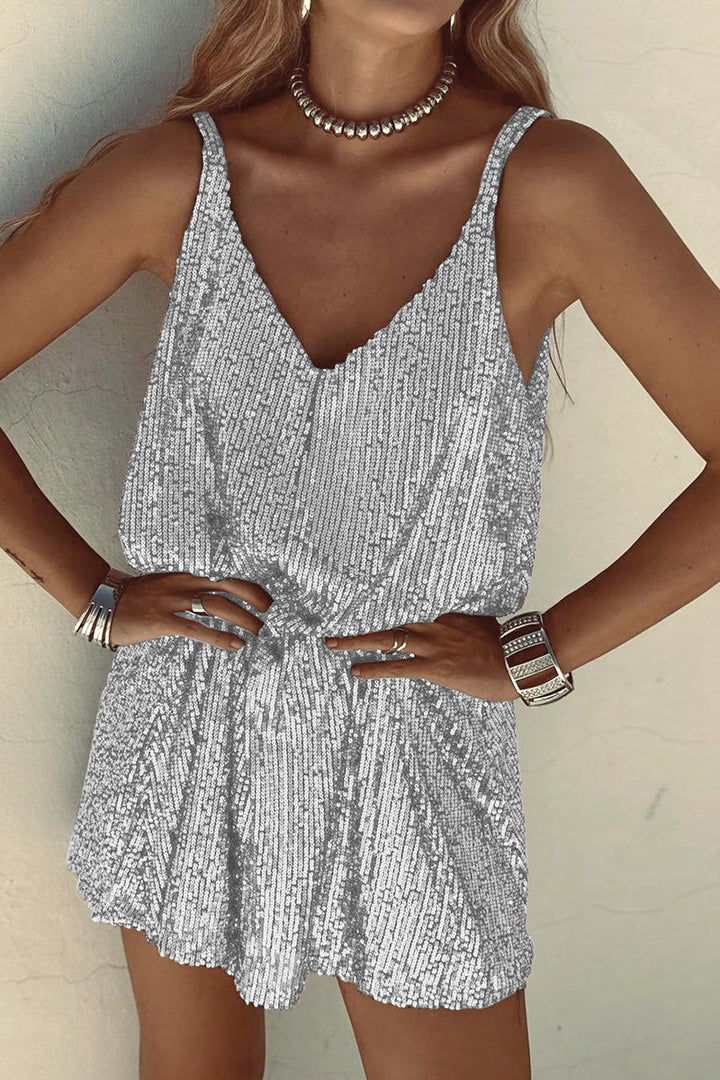 Elegant women's sleeveless sequin mini dress, featuring a chic V-neck for parties.