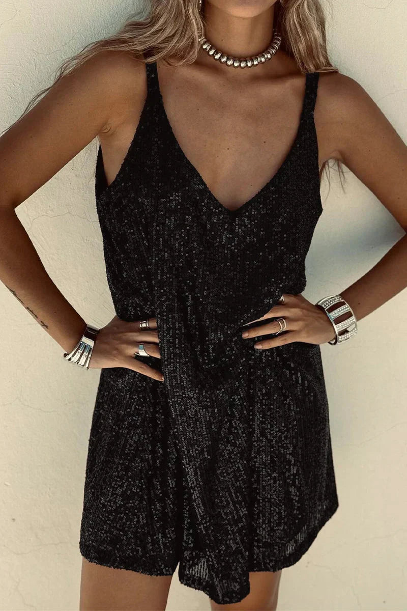 Sleeveless sequin mini dress for women, a shimmering V-neck design for special events.