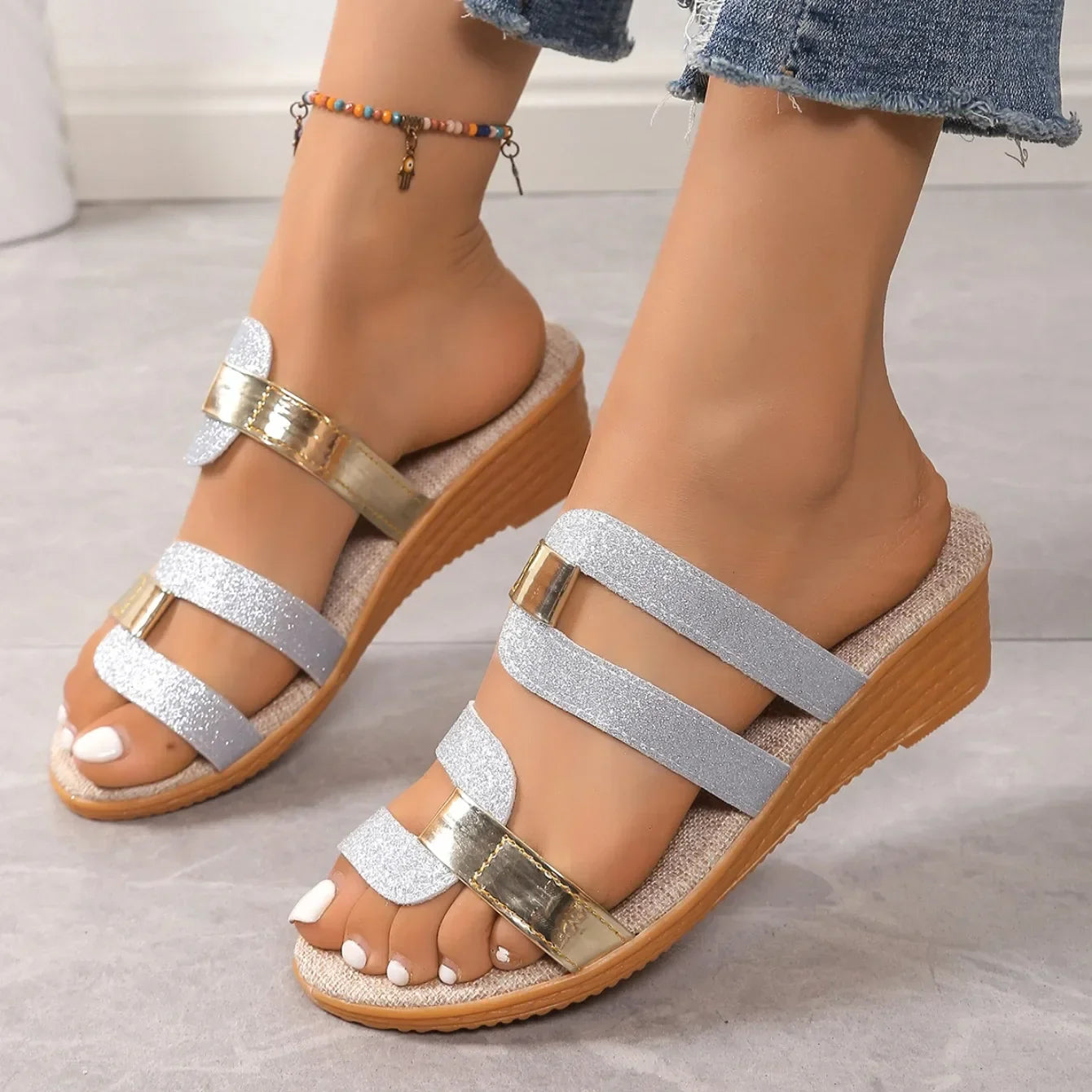 Side view: Comfortable shimmering triple-strap sandals for women, perfect for summer walks.