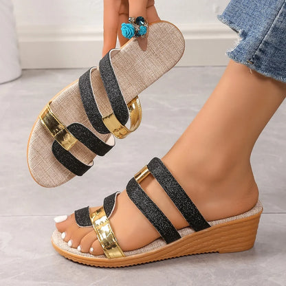 Metallic shimmering triple-strap sandals, a comfortable women's slip-on for summer.
