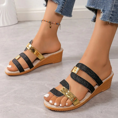 Comfortable women's shimmering triple-strap sandals, ideal for warm summer days.