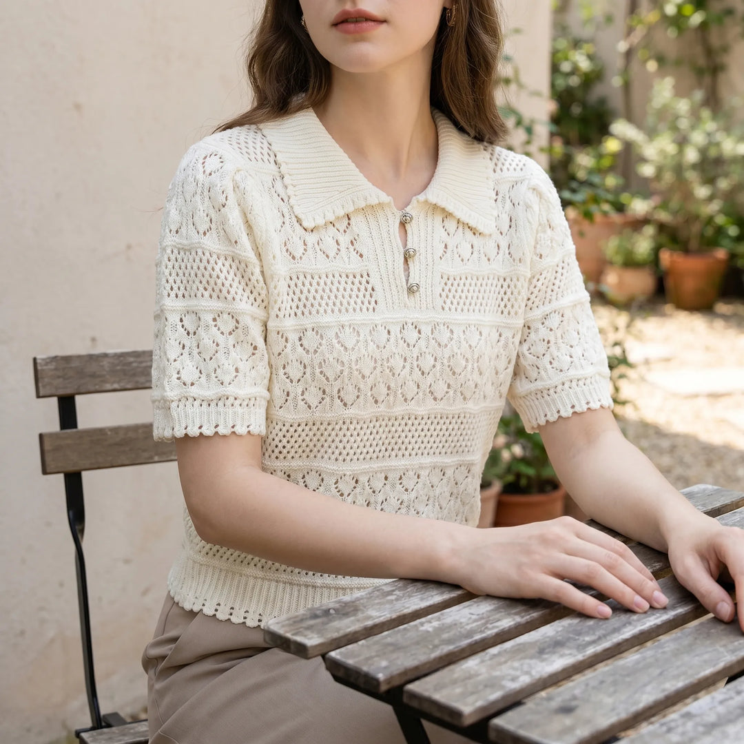 Women's short sleeve crochet blouse in a breathable fabric, perfect for summer casual chic.
