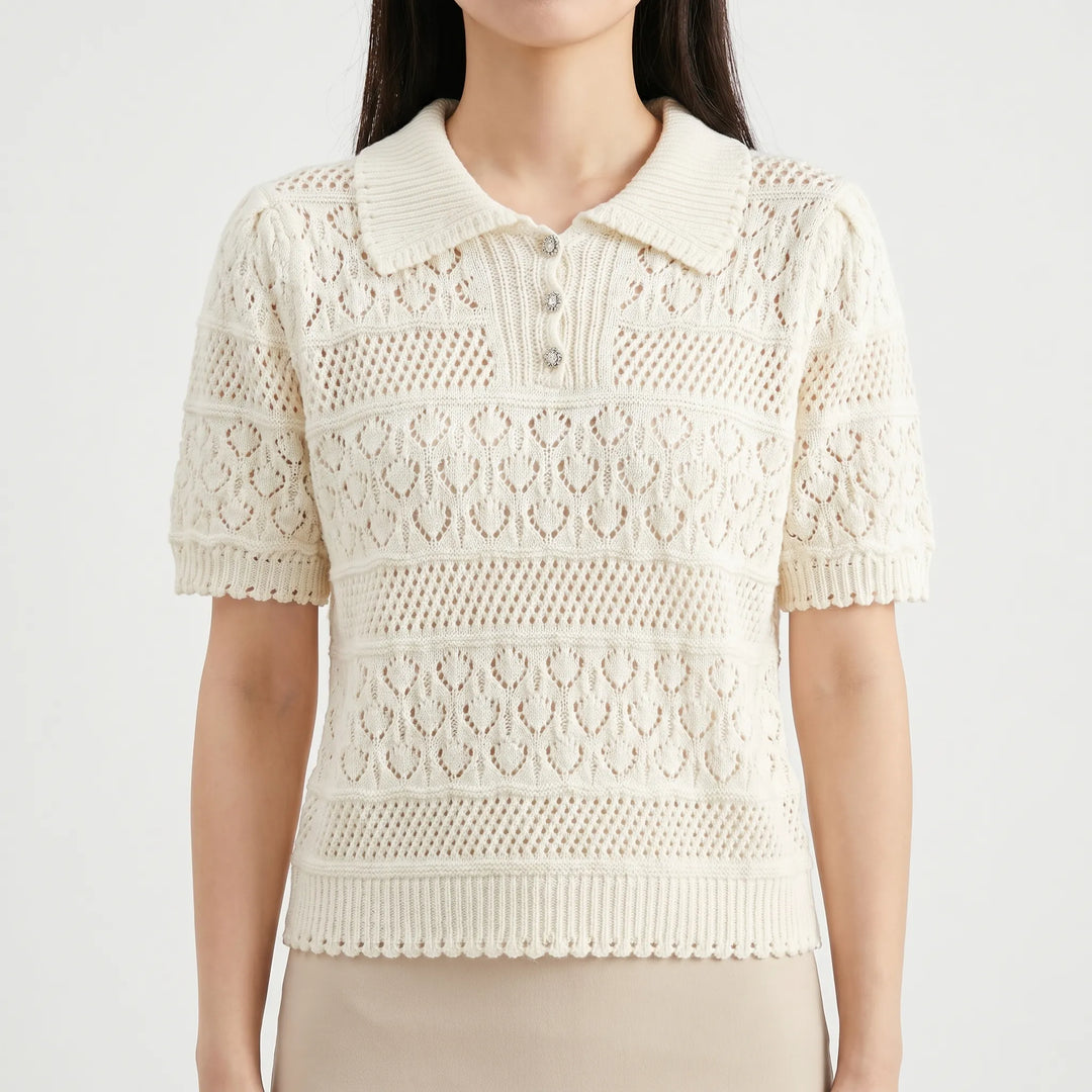 Elegant women's short sleeve crochet top, a versatile polo blouse for various casual & chic looks.