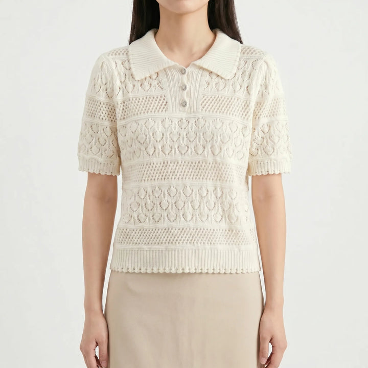Stylish women's short sleeve crochet polo blouse, perfect for a modern casual or elegant summer outfit.
