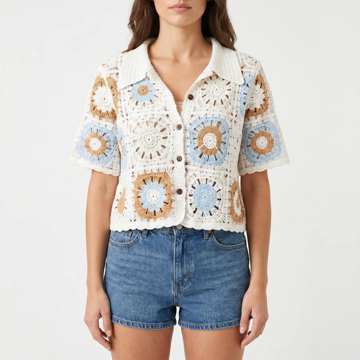 Lightweight women's short-sleeve crochet cardigan, open knit with geometric pattern. Versatile summer top.